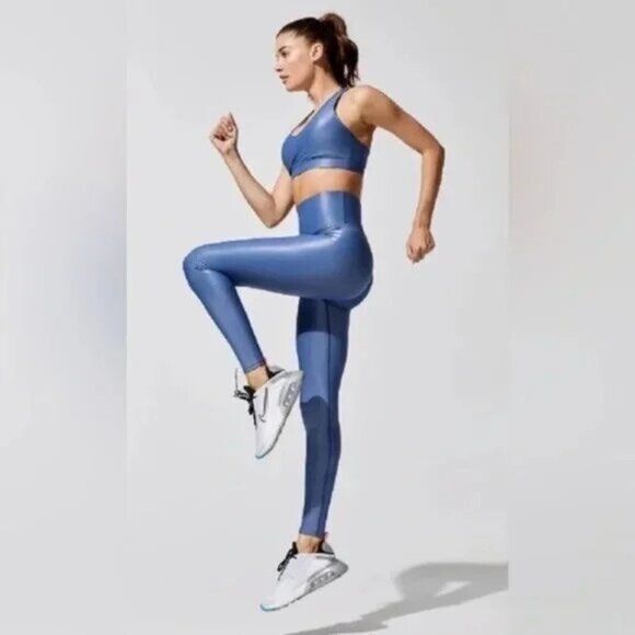 Carbon38 Pants - Carbon38 High Rise Full-Length Shine Glossy Blue High-Waist Activewear Leggings